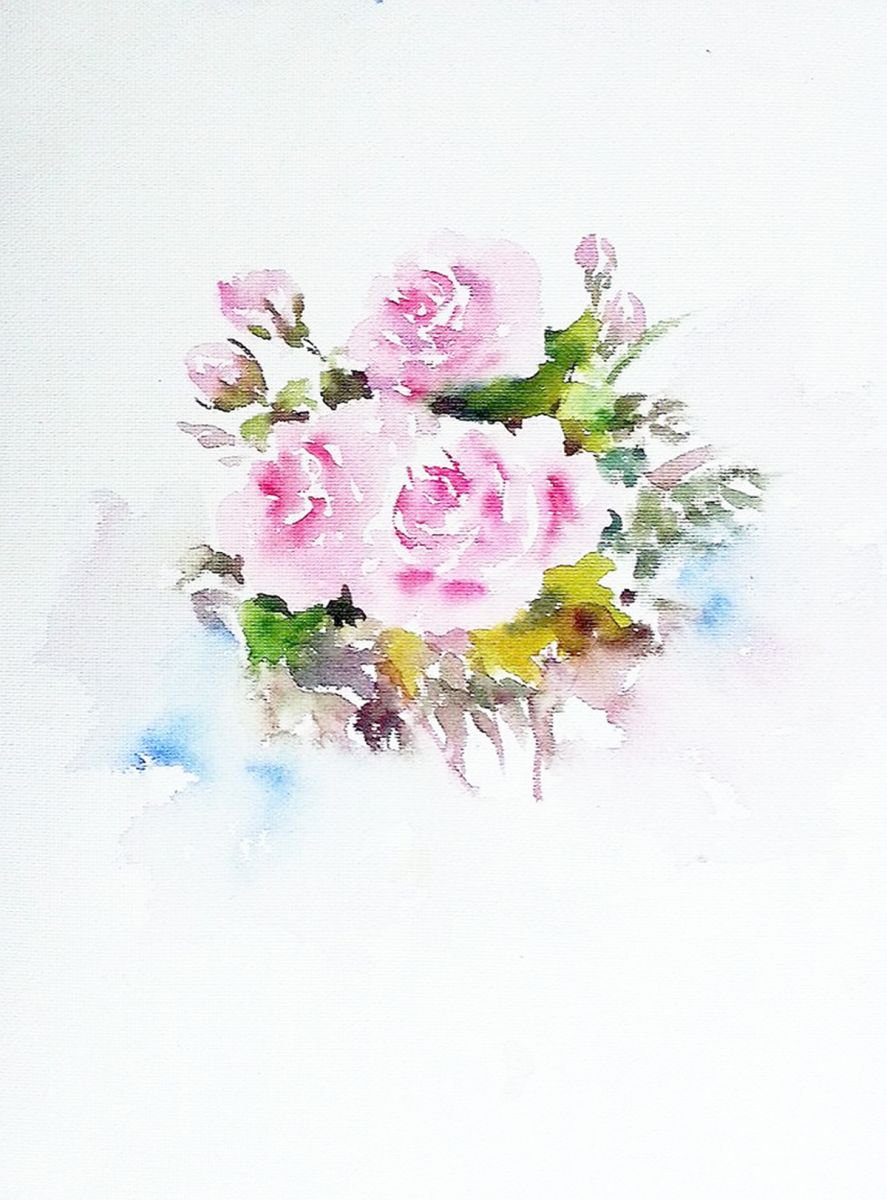 Pink Spring Roses - Floral watercolor painting by Asha Shenoy