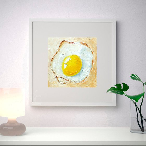 Fried Egg Painting Original Art Kitchen Food Artwork Breakfast Wall Art Small Oil Painting