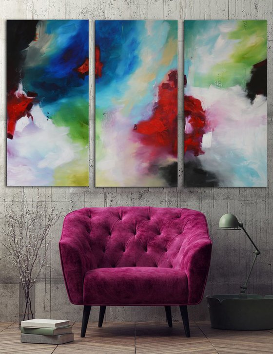 Elusive thought I had had moments before, 48"x72" (121 cm x 182 cm), magenta, lime green and blue large abstract triptych
