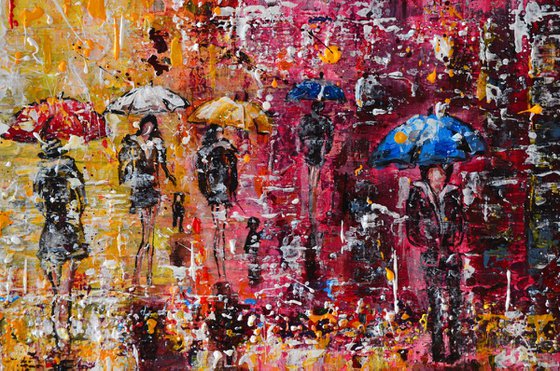 Umbrellas City- Long Deep Edge Canvas Ready to Hang, Palette knife, City