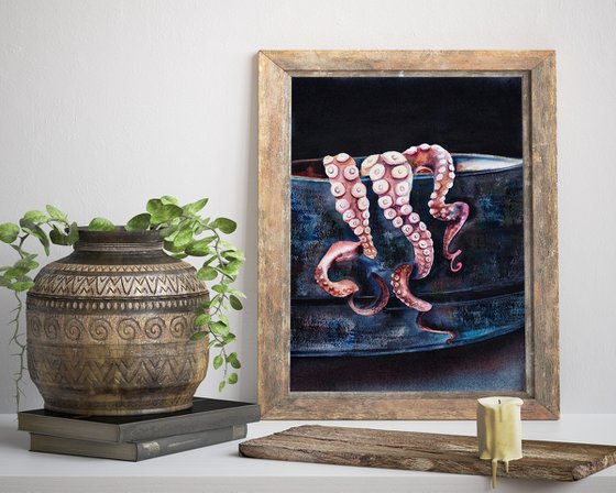 Octopus in antique metal bowl - original watercolor - seafood kitchen