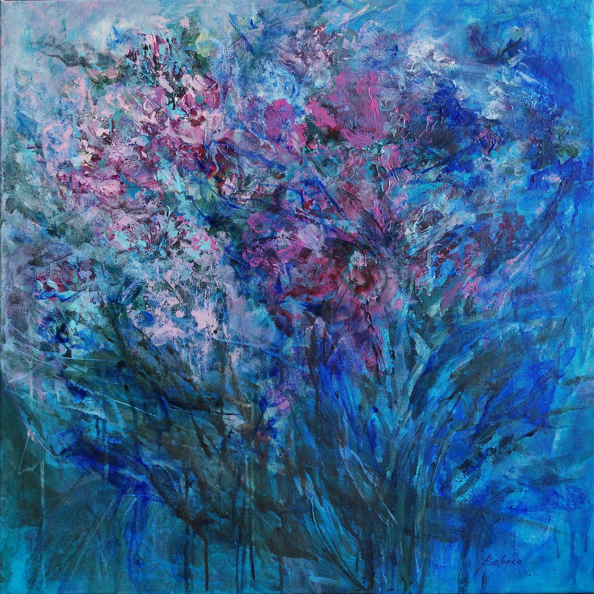 Expressive Abstract Acrylic Painting By Katia Solodka, 28 X 28", Floral Mystery In Blue, Original Artwork