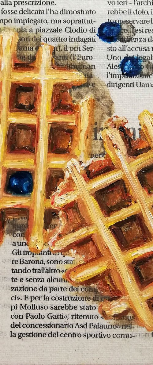 "Waffels on Newspaper" Original Oil on Canvas Board Painting 6 by 6 inches (15x15 cm) by Katia Ricci