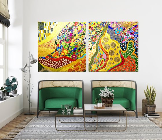 2 pieces 200х100 cm Abstract painting large wall art colorful vivid relief Klimt inspired diptych