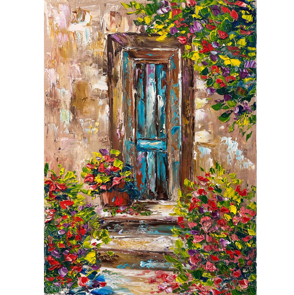 Impressionistic Cityscapes Oil Painting By Oksana Fedorova, 20 X 28", Old Door With Flowers, Original Artwork