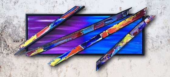 "Pick Up The Pieces" - FREE USA SHIPPING - Original PMS Mixed Media Sculptural Painting On Canvas and Wood, Framed - 44 x 20 inches