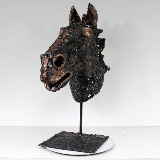 Horse Rabastas - Head horse sculpture in metal lace steel and bronze