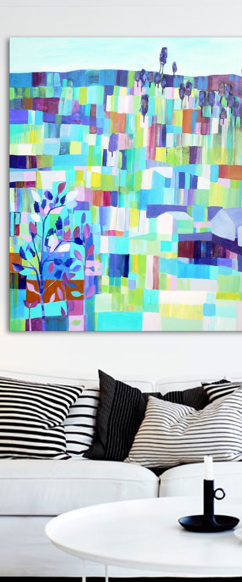 Patchwork landscape (large contemporary semi abstract painting, ready to hang abstract landscape) by Carolynne Coulson