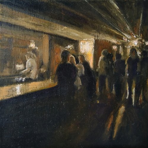 In the bar 30x30cm ,oil/canvas, impressionistic figure by Kamsar Ohanyan