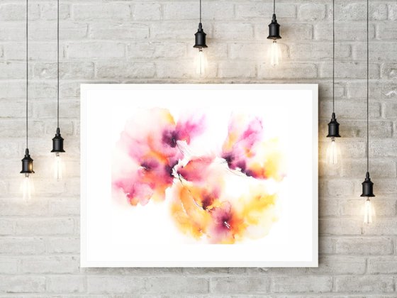 Delicate floral painting, watercolor loose flowers Spring spirit