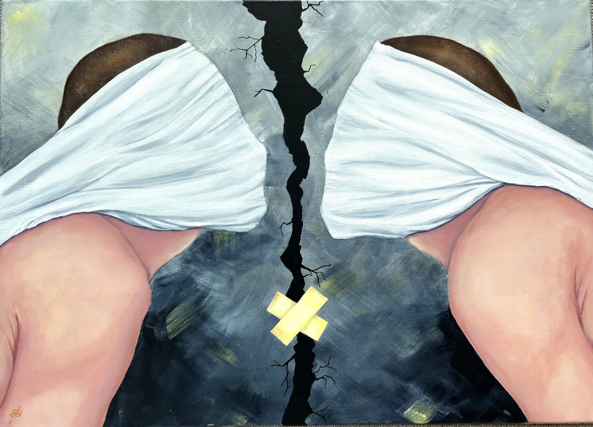 Expressive Portrait Acrylic Painting By Lena Smirnova, 28 X 20", Face To Face, Original Artwork