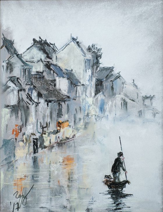 Old town in China. Commission. Small dry pastel painting grey moody sea river people oriental landscape village home decor impressionism