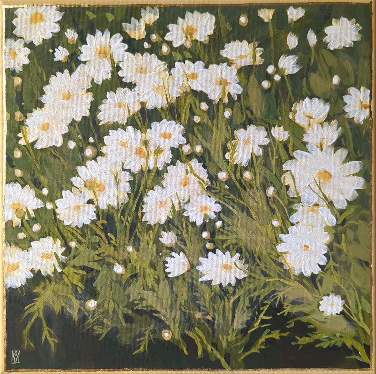 Impressionistic Botanical Acrylic Painting By Olha Vlasova, 12 X 12", Daisies, "Moments" Series, Original Artwork