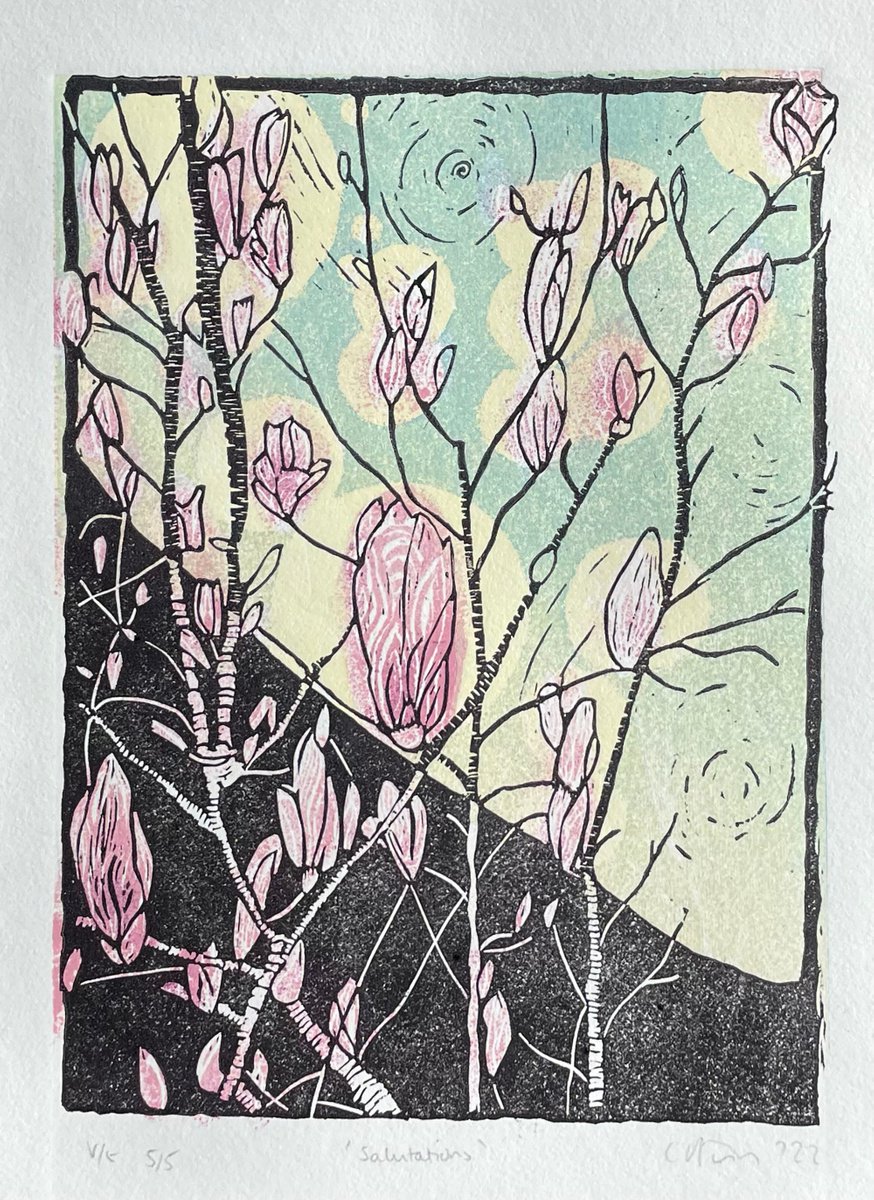 Salutations - Magnolia Blossom Contemporary Linocut Print by C Staunton