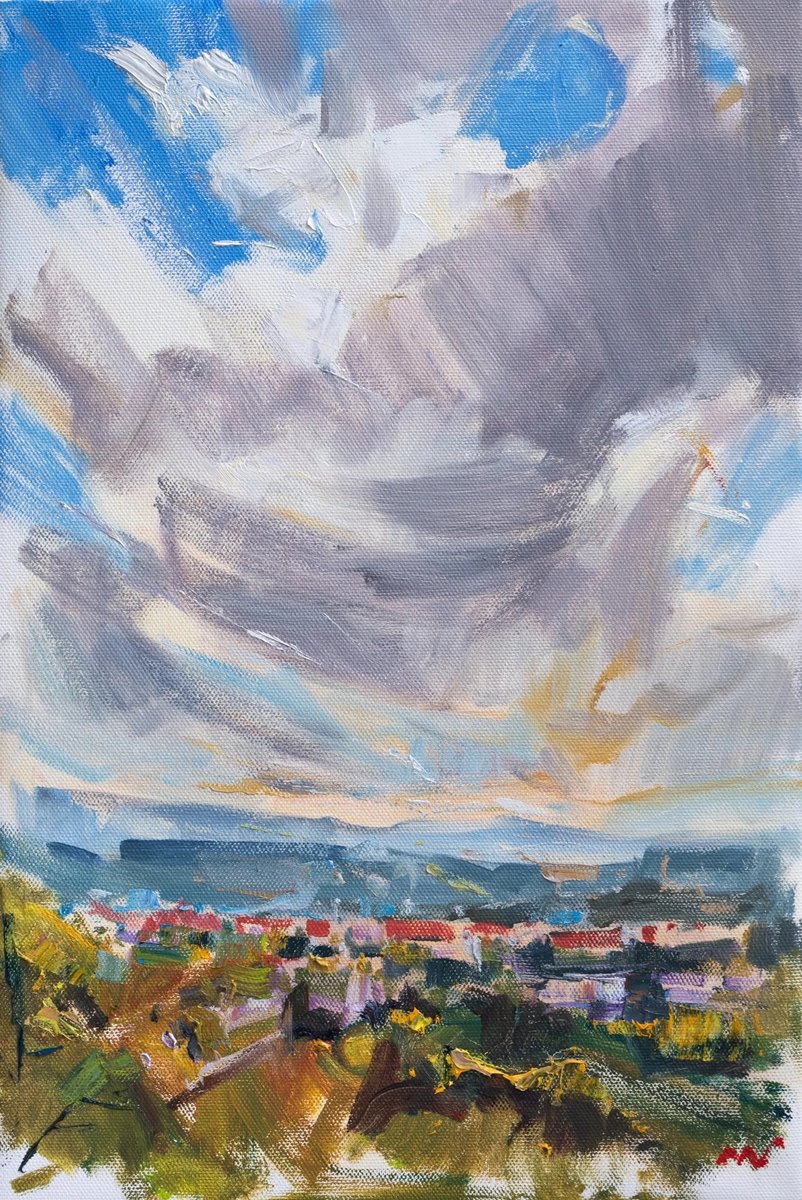 Expressive Landscape Oil Painting By Vasyl Moldavchuk, 16 X 24", Cloudy Landscape, Original Artwork
