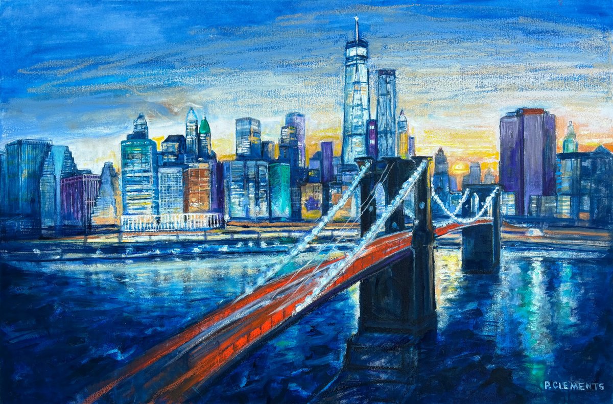 Impressionistic Cityscapes Oil Painting By Patricia Clements, 47 X 31", Freedom Tower New York, Original Artwork