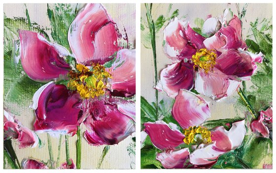 FLIRT - Set of 2 cute anemones. Crimson. Calm diptych. Quivering. Bizarre. Abstract panel.