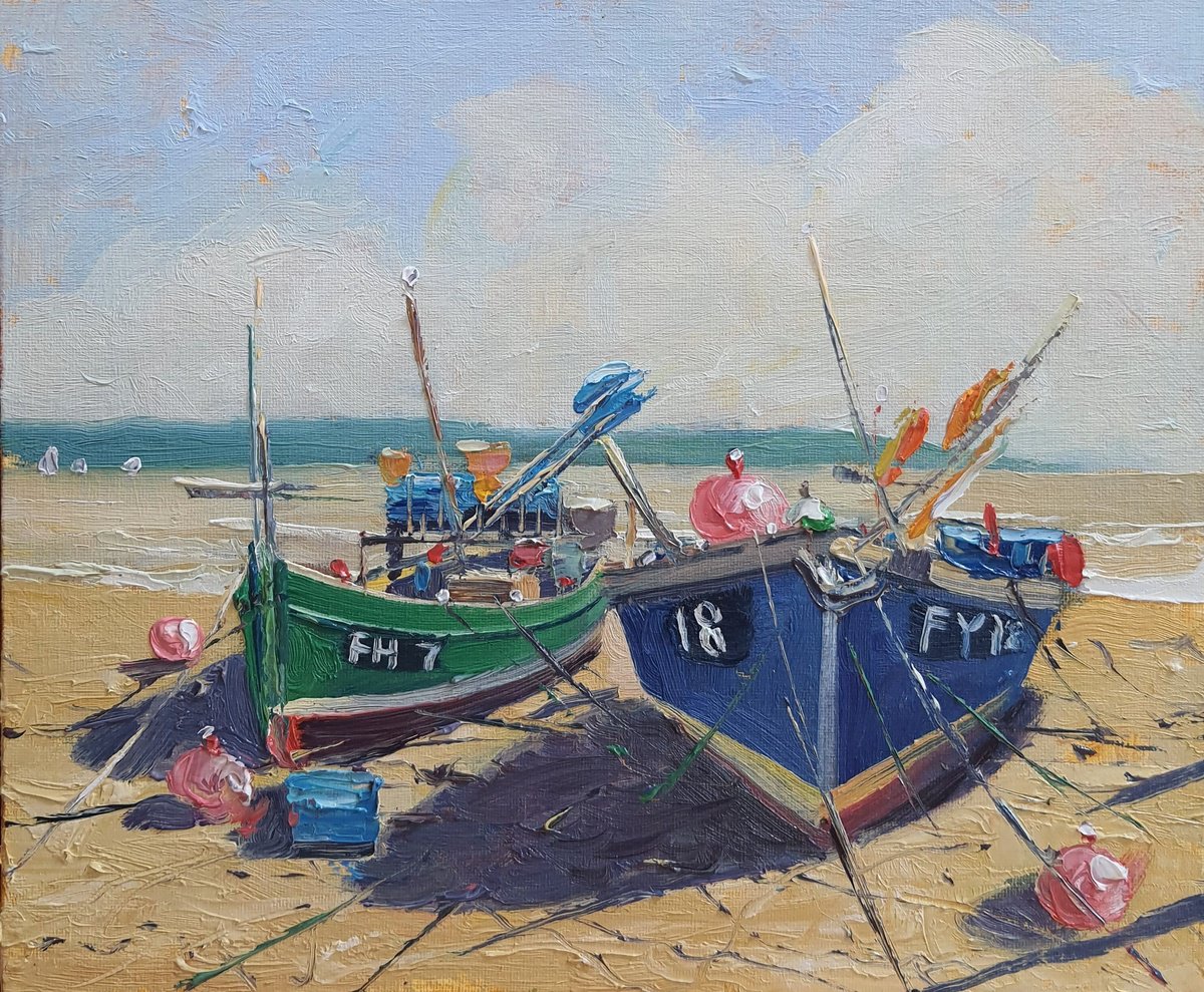 Impressionistic Landscape Oil Painting By Roberto Ponte, 12 X 10", Fishing Boats Cornwall, Original Artwork
