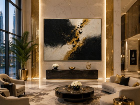 Abstract Gold with Black Butterflies