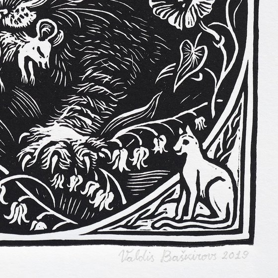 Linocut Print Kitty, Kitten, Cat Catching Mouse.