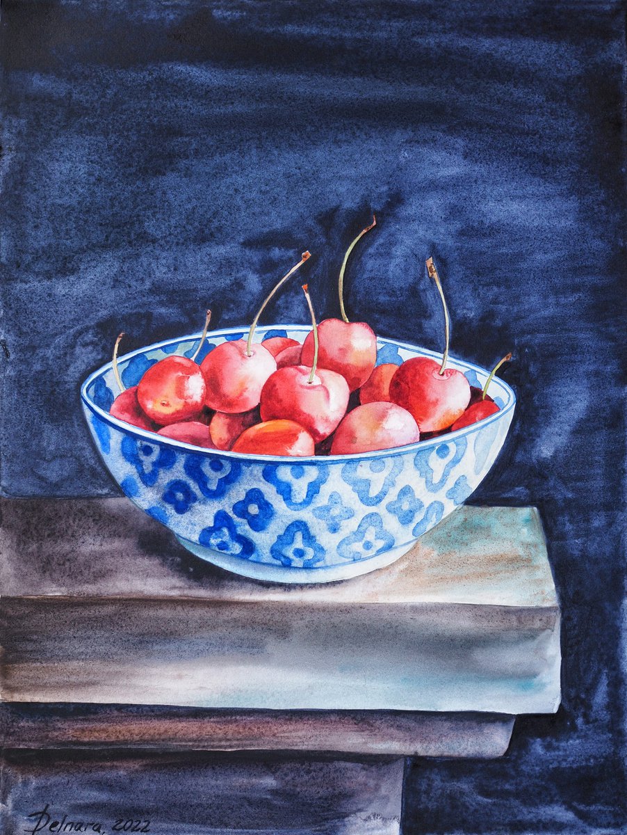 Cherries in patterned bowl - original watercolor artwork by Delnara El