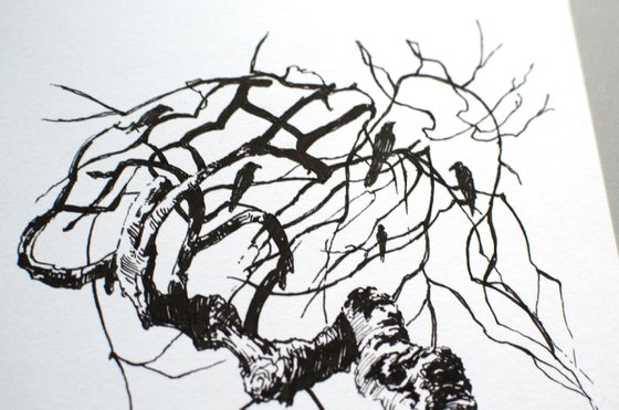 Raven tree, ink pen fantasy drawing Dark fairy tale