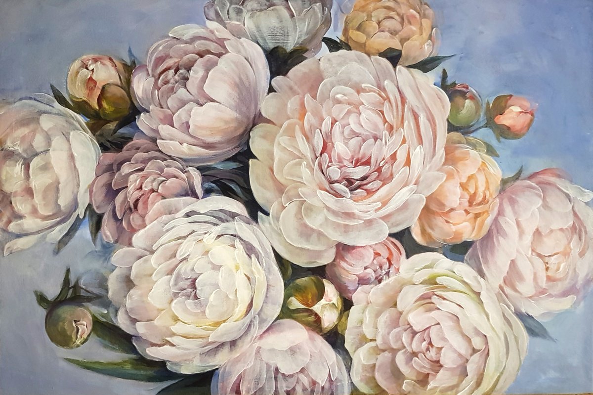 Impressionistic Botanical Acrylic Painting By Olga Lomax, 35 X 24", Morning Peonies, Original Artwork