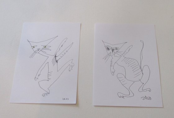 2 crazy cats 8,2 x 5,9 inch unique mixedmedia drawing