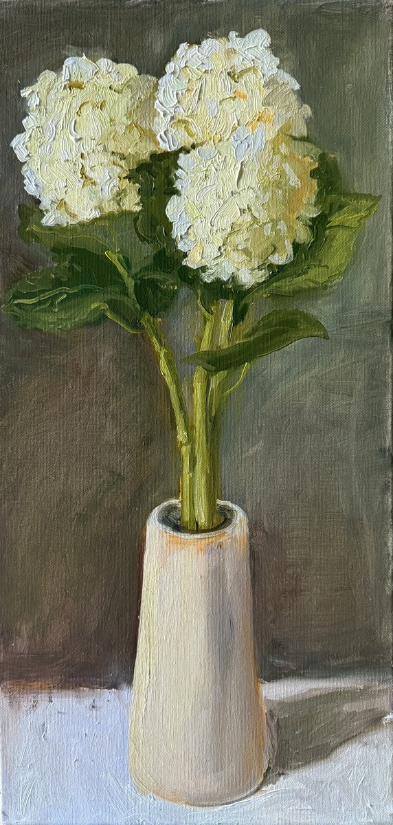 Impressionistic Botanical Oil Painting By Kate Sosonna, 10 X 20", White Hydrangea, Original Artwork