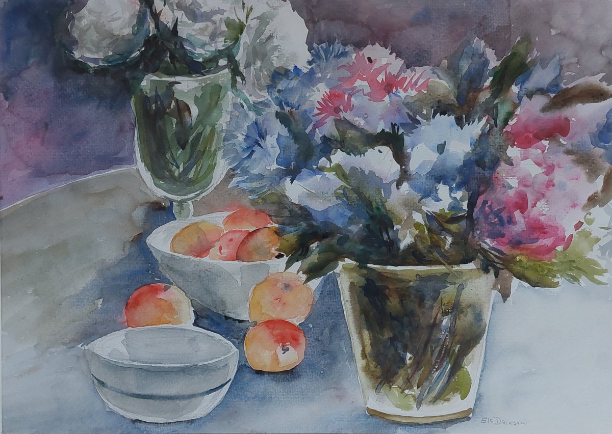 Impressionistic Watercolour , Flowers With Fruit By Els Driesen, 24 X 16, Artwork For Sale On Artfinder