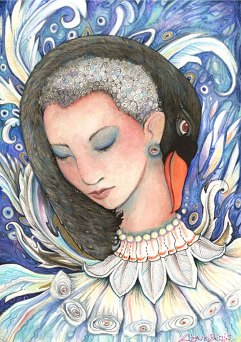 Leda and the Swan original mythological painting of a girl and swan by Liza Paizis