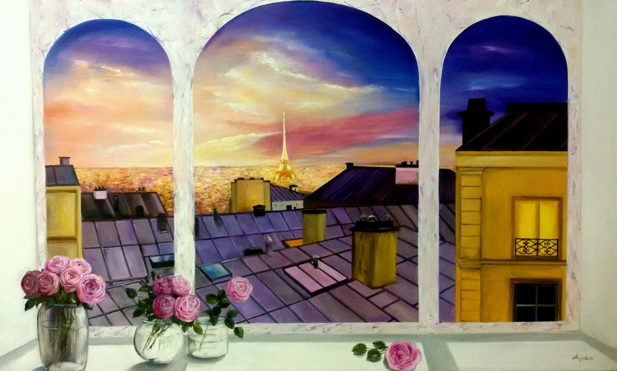 Photorealistic Landscape Oil Painting By Anna Rita Angiolelli, 49 X 29, Parisian Landscape, Original Artwork