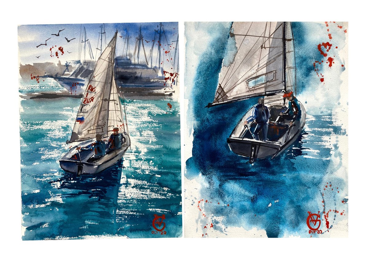 Impressionistic Landscape Watercolour By Valeria Golovenkina, 11 X 15", Sailing Studying Diptych, Original Artwork