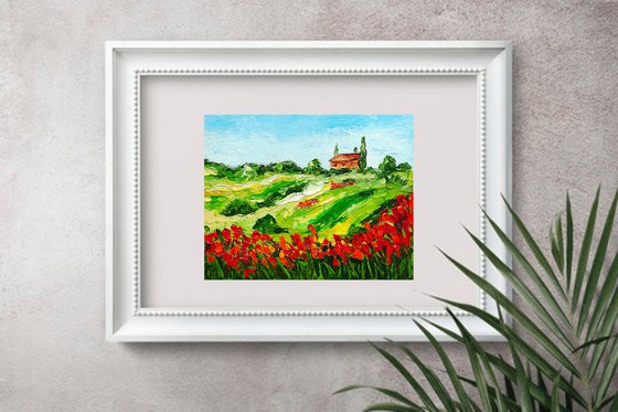 Tuscany Painting Poppy Original Art Landscape Oil Painting Impasto Small Artwork Meadow Wall Art