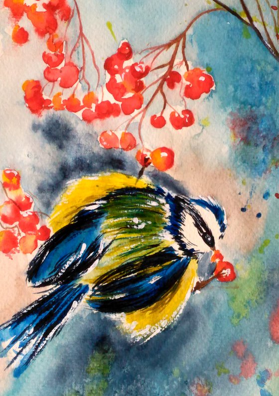 Chickadee Painting Bird Original Art Small Bluetit Original Watercolor Artwork Home Wall Art 7 by 10" by Halyna Kirichenko