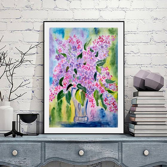 Lilac Painting Floral Original Art Flowers Watercolor Artwork Small Home Wall Art 12 by 17" by Halyna Kirichenko