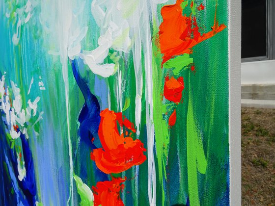 Abstract Flowers Modern Floral Landscape Painting. Blue, Red, Green, Violet, Teal, Abstract Tropical Flowers and Birds. Original Botanical Garden Painting on Canvas. Modern Impressionistic Art