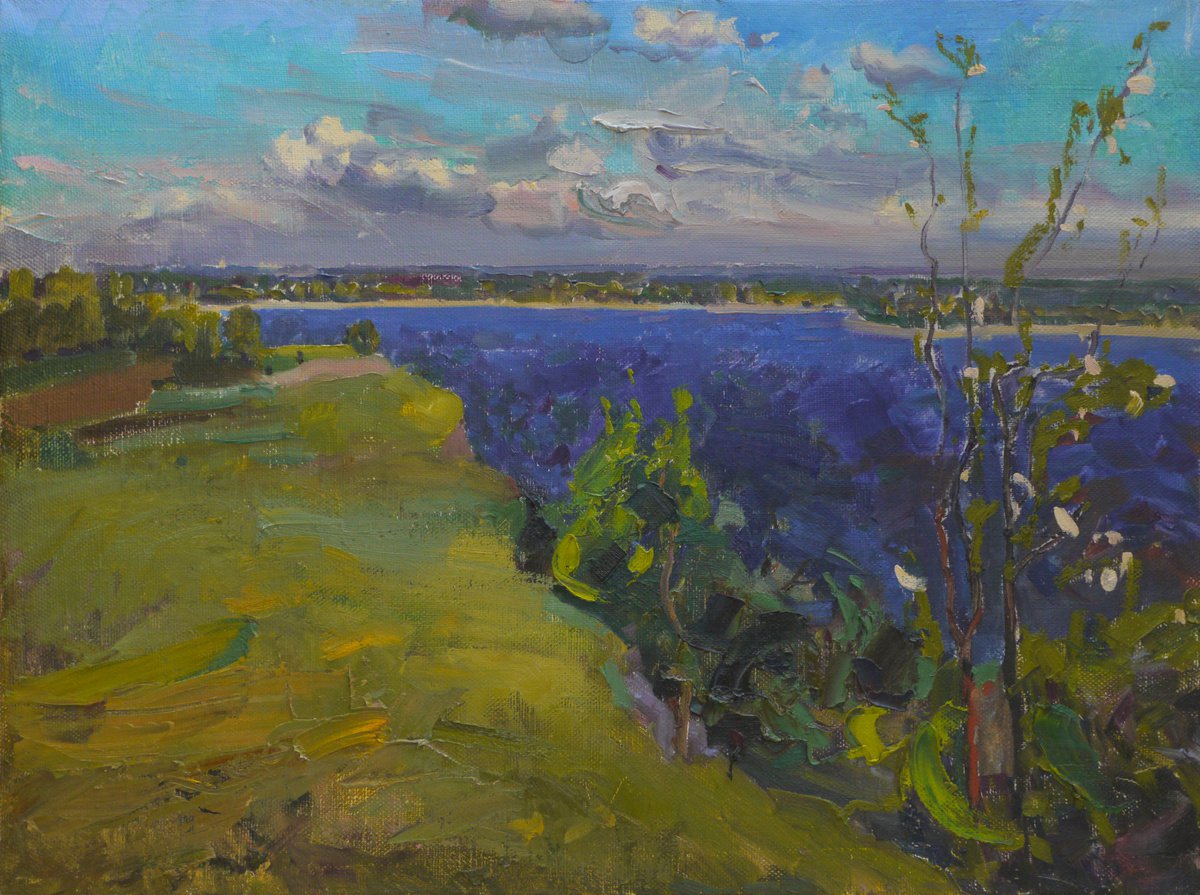 Impressionistic Landscape Oil Painting By Victor Onyshchenko, 31 X 24", Dnieper River In Spring, Original Artwork