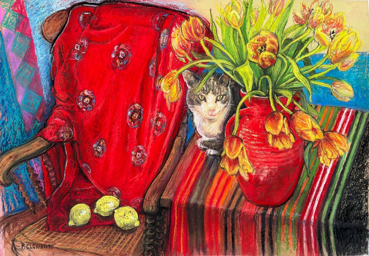 Impressionistic Still Life Pastel Drawing By Patricia Clements, 28 X 19", Jasper Cat Among The Tulips, Original Artwork