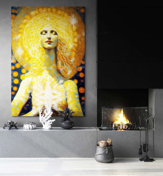 Inner Light. 180 x 120 cm. Magical radiance of the soul. Futuristic fantasy fabulous esoteric surreal mystery harmonious artwork. Yoga meditation relaxation pray aura grace Large format wall art on canvas. Original golden yellow huge digital painting for home decor