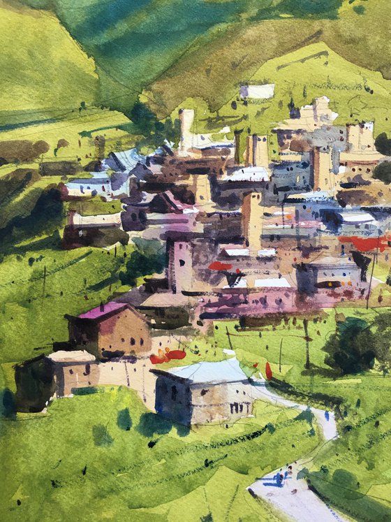 Original watercolor painting “Mountain freshness. Ushguli, Svaneti. Georgia”