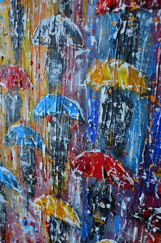 Umbrellas in the Rain- Long Deep Edge Canvas Ready to Hang, Palette knife, City