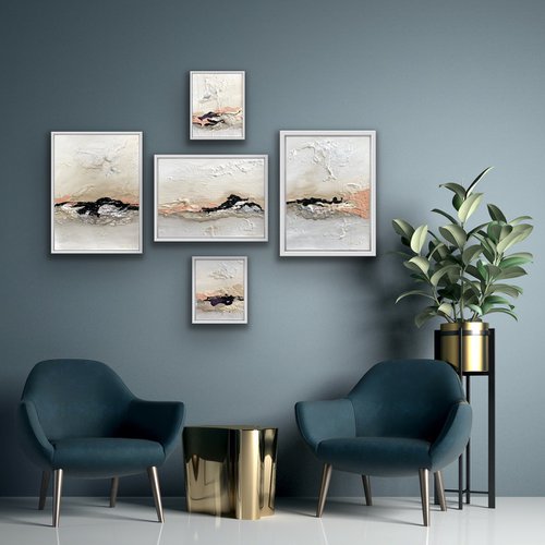 Poetic Landscape II- Peach , White, Black - Composition 5 paintings framed - Wall Art Ready to hang by Daniela Pasqualini