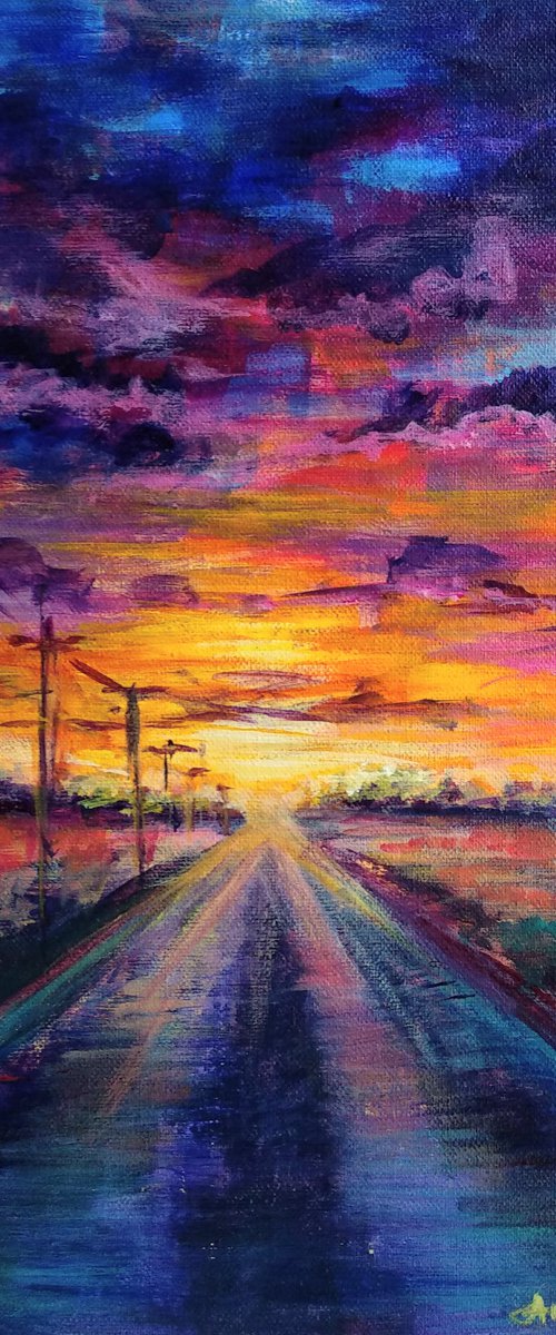 Road of Hope Sunset Landscape Colorful Sky by Anastasia Art Line