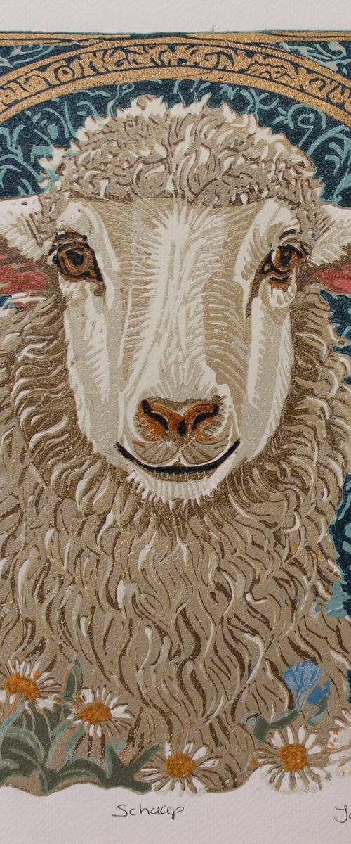 Sheep – Original Reduction Linocut Print by Jennie Smallenbroek