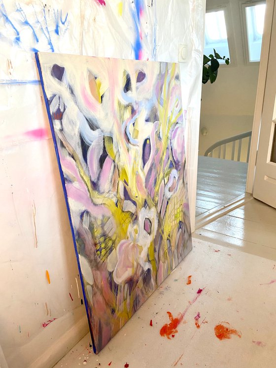 21- large format acrylic painting, pink yellow, abstract bouquet flowers, birthday, for her