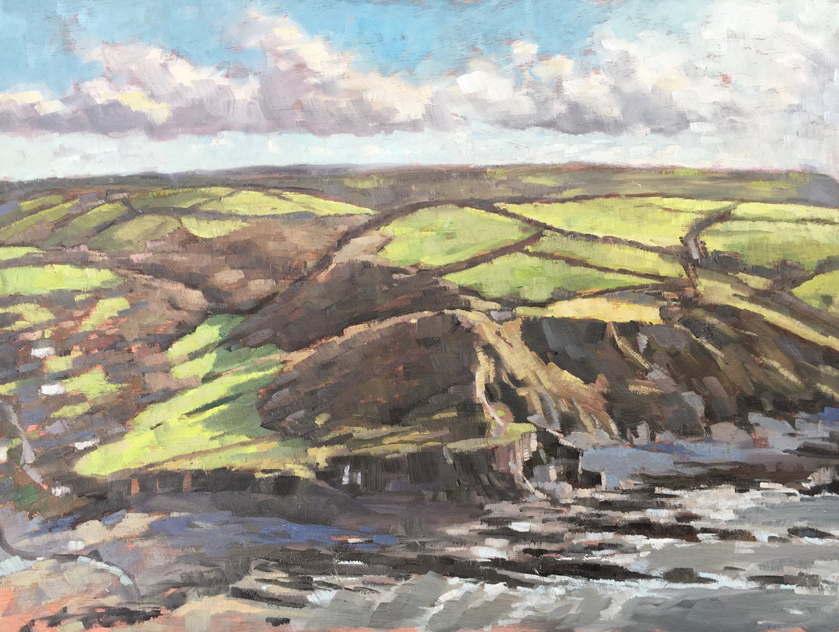 Impressionistic Landscape Oil Painting By Louise Gillard, 16 X 12", Sunlight Over Crackington Haven, Original Artwork