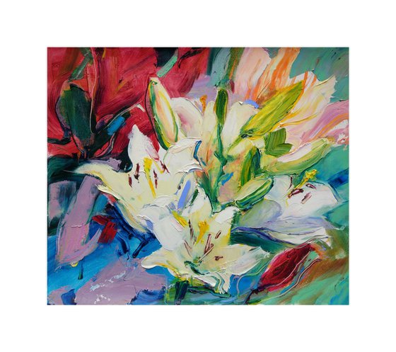 Expressive lilies. Summer sketches. Original plein air oil painting