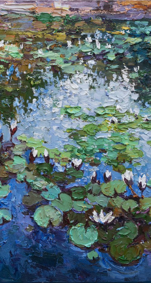 White Water Lilies - Impasto Original Oil painting 90 x 70 cm by Anastasiia Valiulina