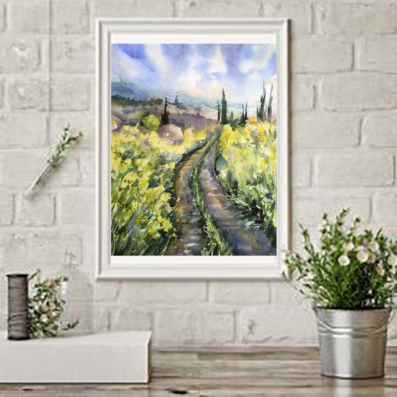 Landscape original watercolor painting Road in the field impressionist stile artwork floral wall art nature wildflowers herbs native-grasses